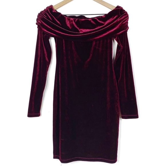 Bardot Merlot Red Velvet Off Shoulder Mini Dress - Picture 8 of 8